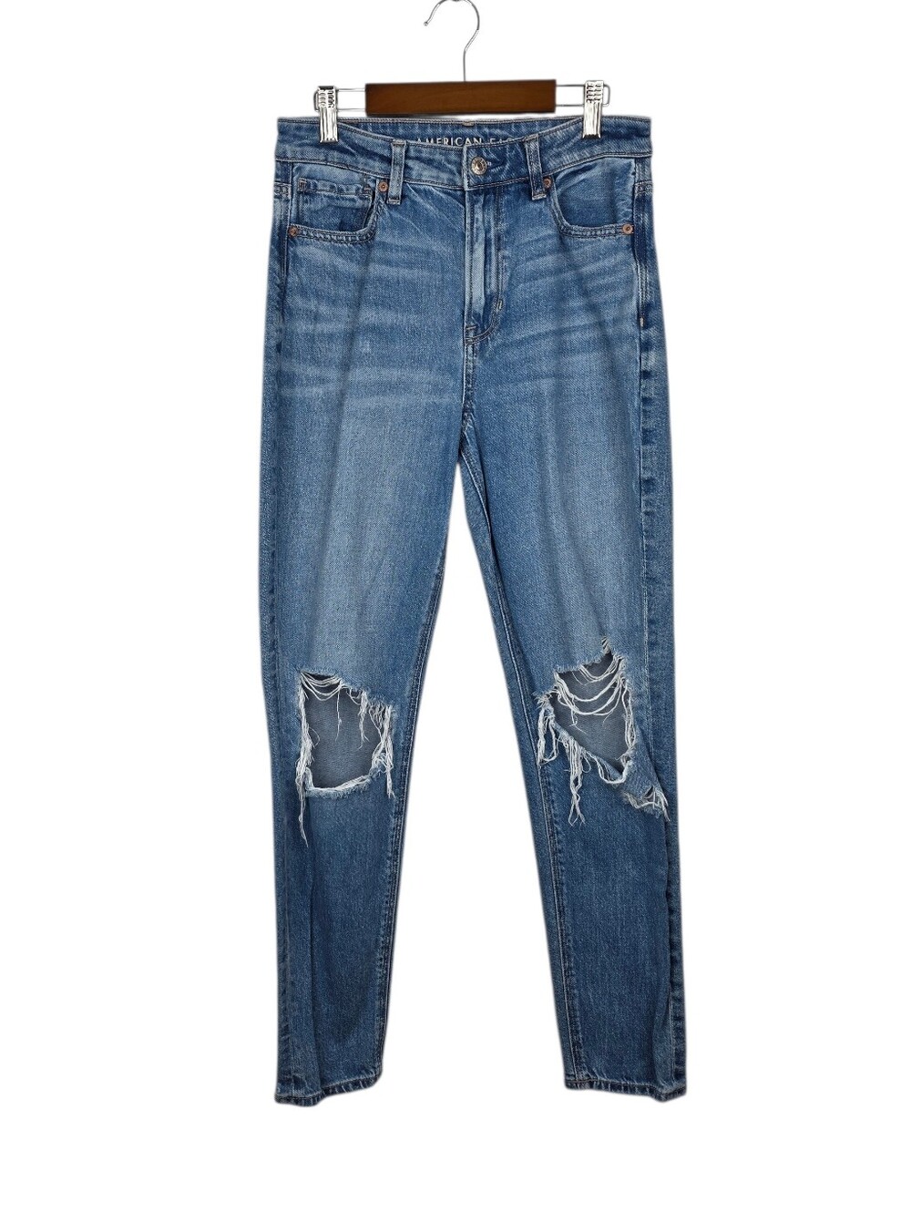 American Eagle Women's Strigid Knee Distressed Mom Jeans Denim Straight Size 2